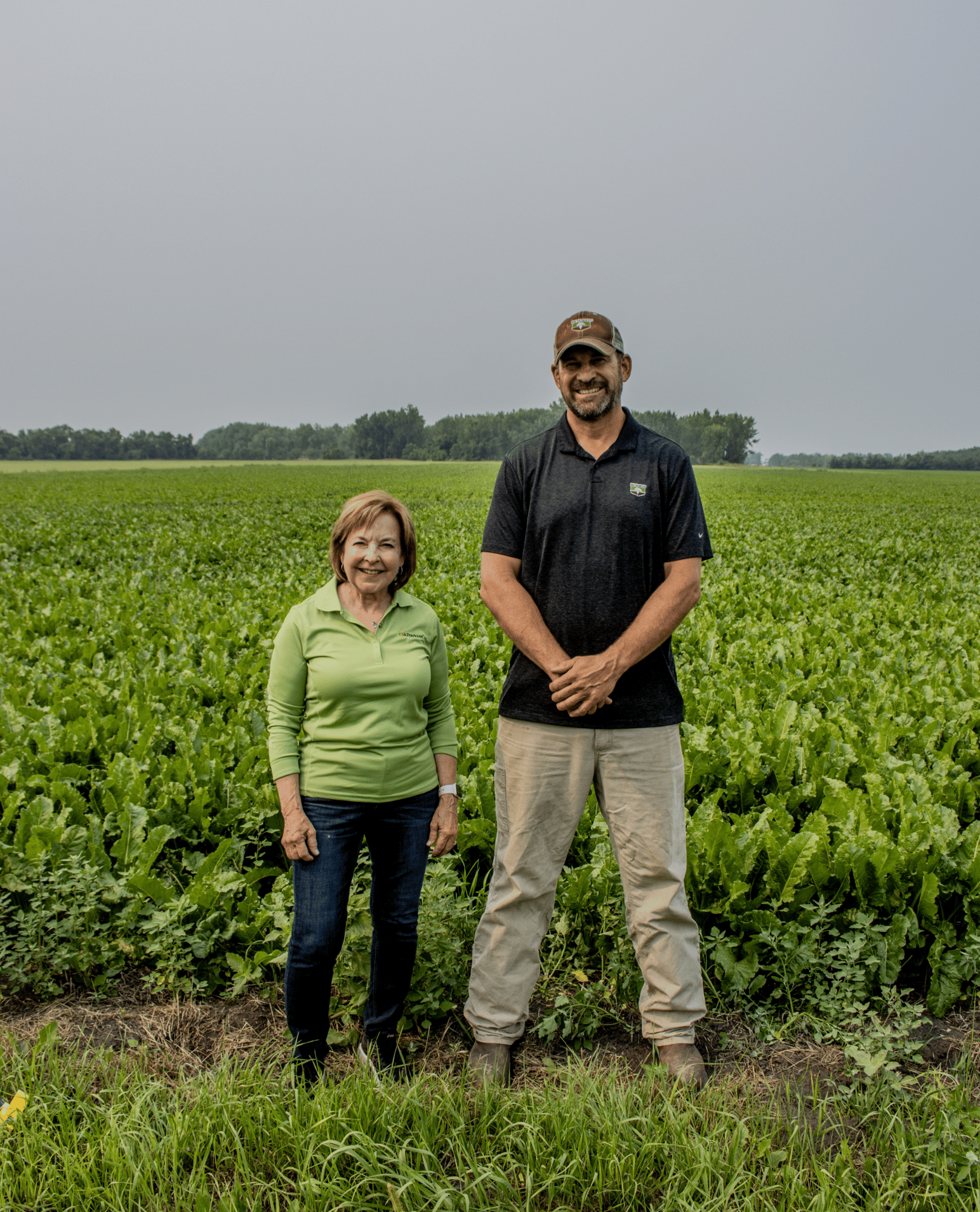 Two people standing in a green crop field under an overcast sky Two people standing in a green crop field under an overcast sky