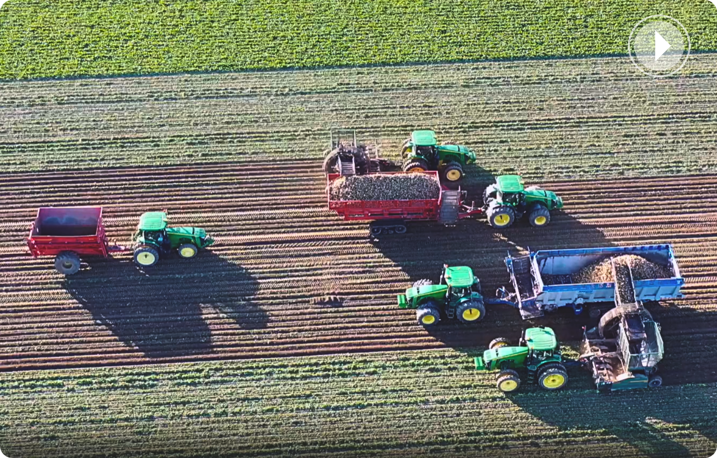 Areal view of tractors in a field